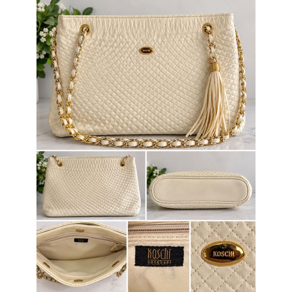 Vintage KOSCHI Ivory Quilted Shoulder Bag – Gold Chain & Tassel